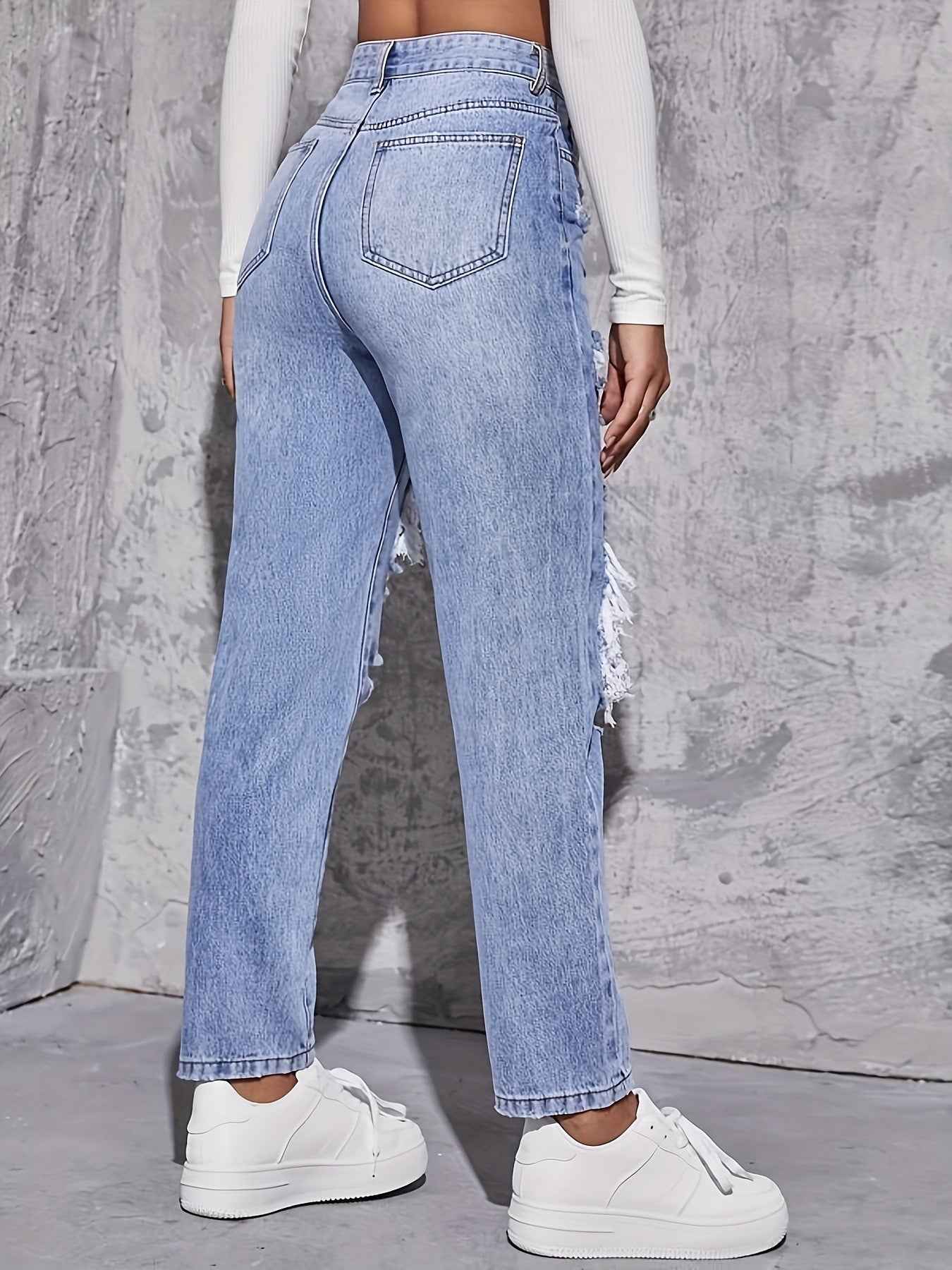 Women's High-Waisted Ripped Jeans - Stone Washed Straight Leg Long Pants