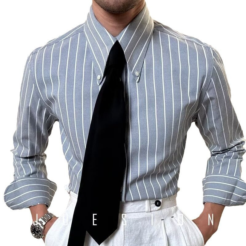 Mens Striped Long-Sleeve Shirt - Retro Casual White Slim Fit