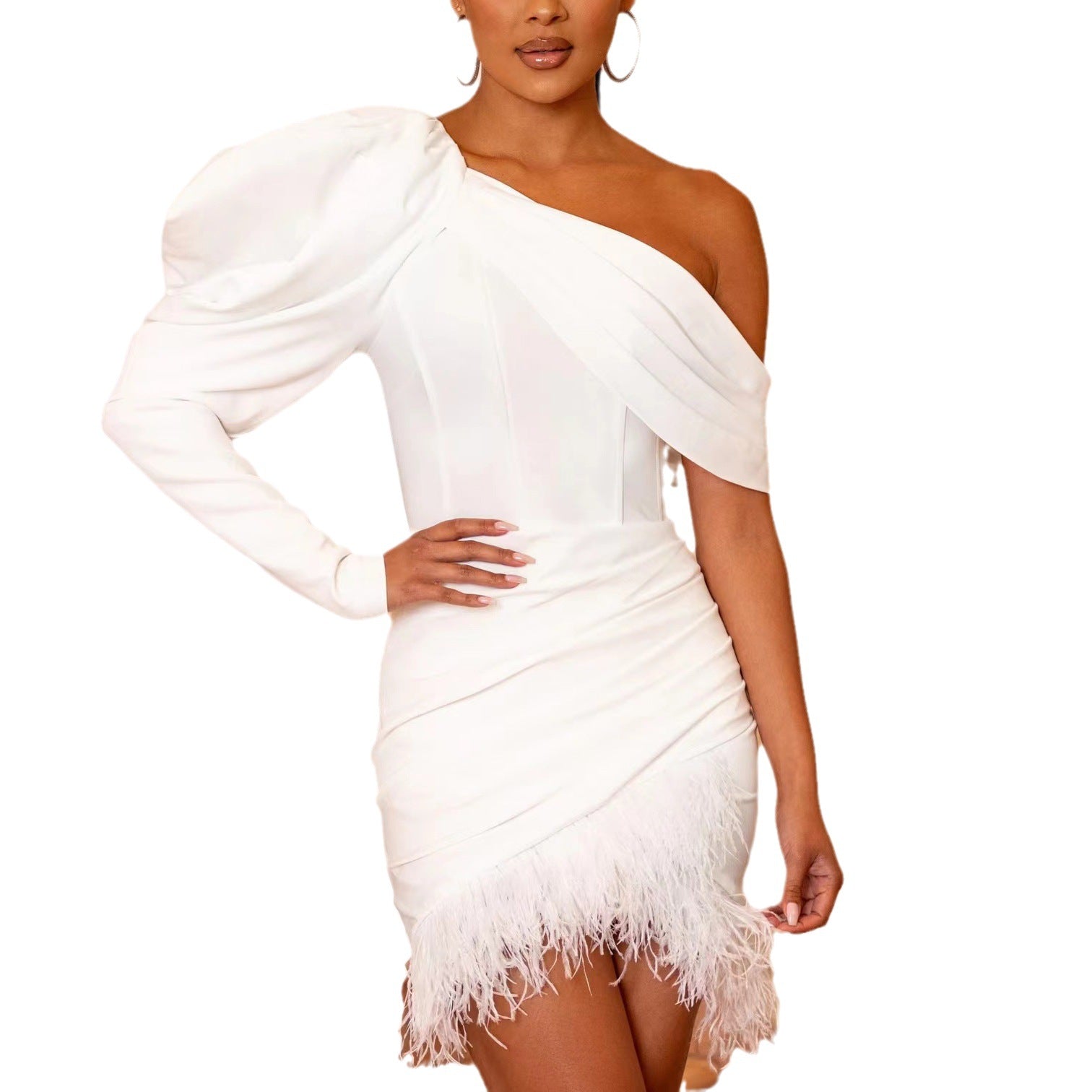 Draped Feather Dress With A Bias Shoulder for Effortless Elegance - Neon North Clothing
