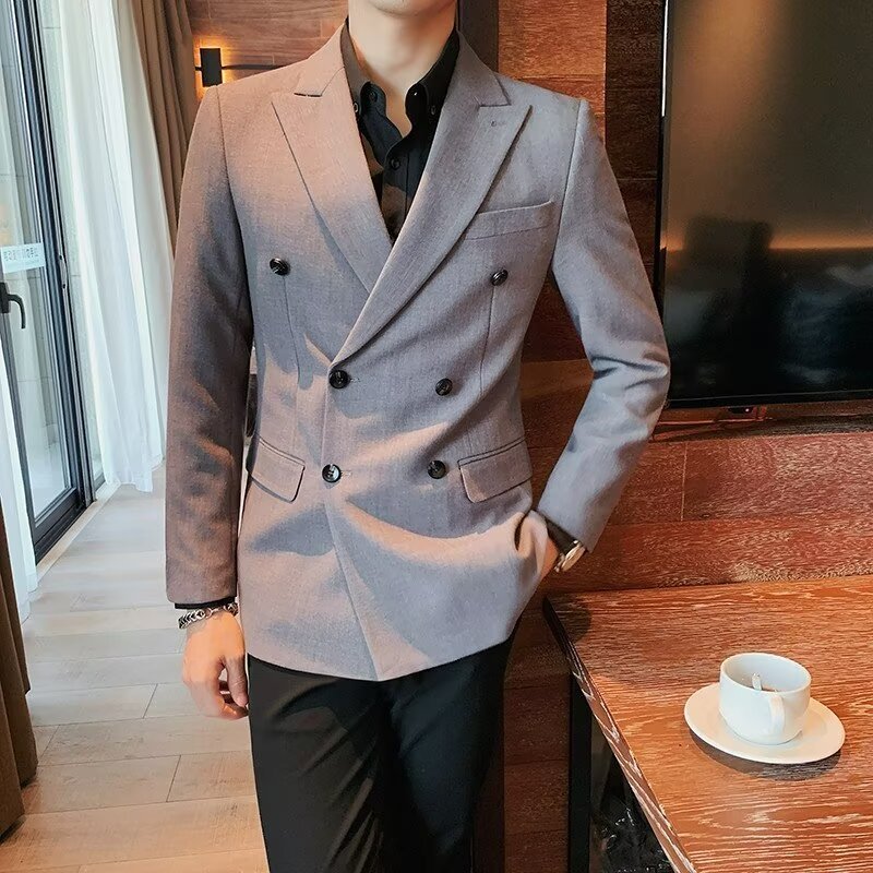 Men's Casual Double-Breasted Jacket in Simple Solid Colors