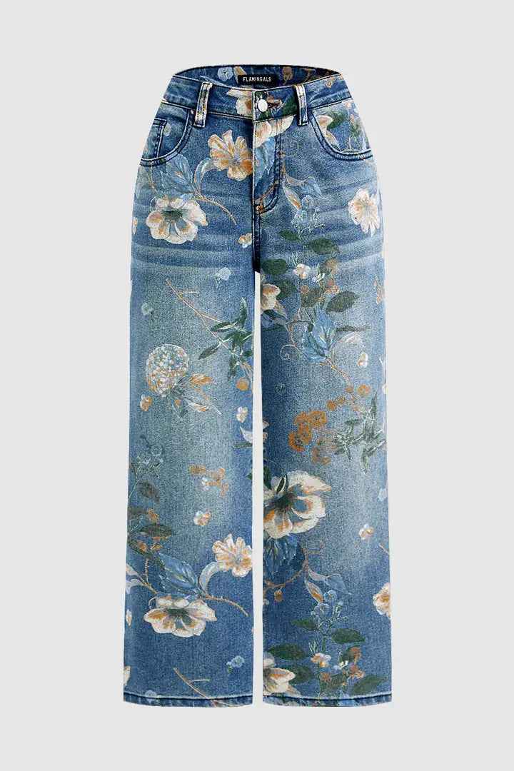 High Waist Floral Jeans - Vintage Floral Print Straight Leg Denim Pants