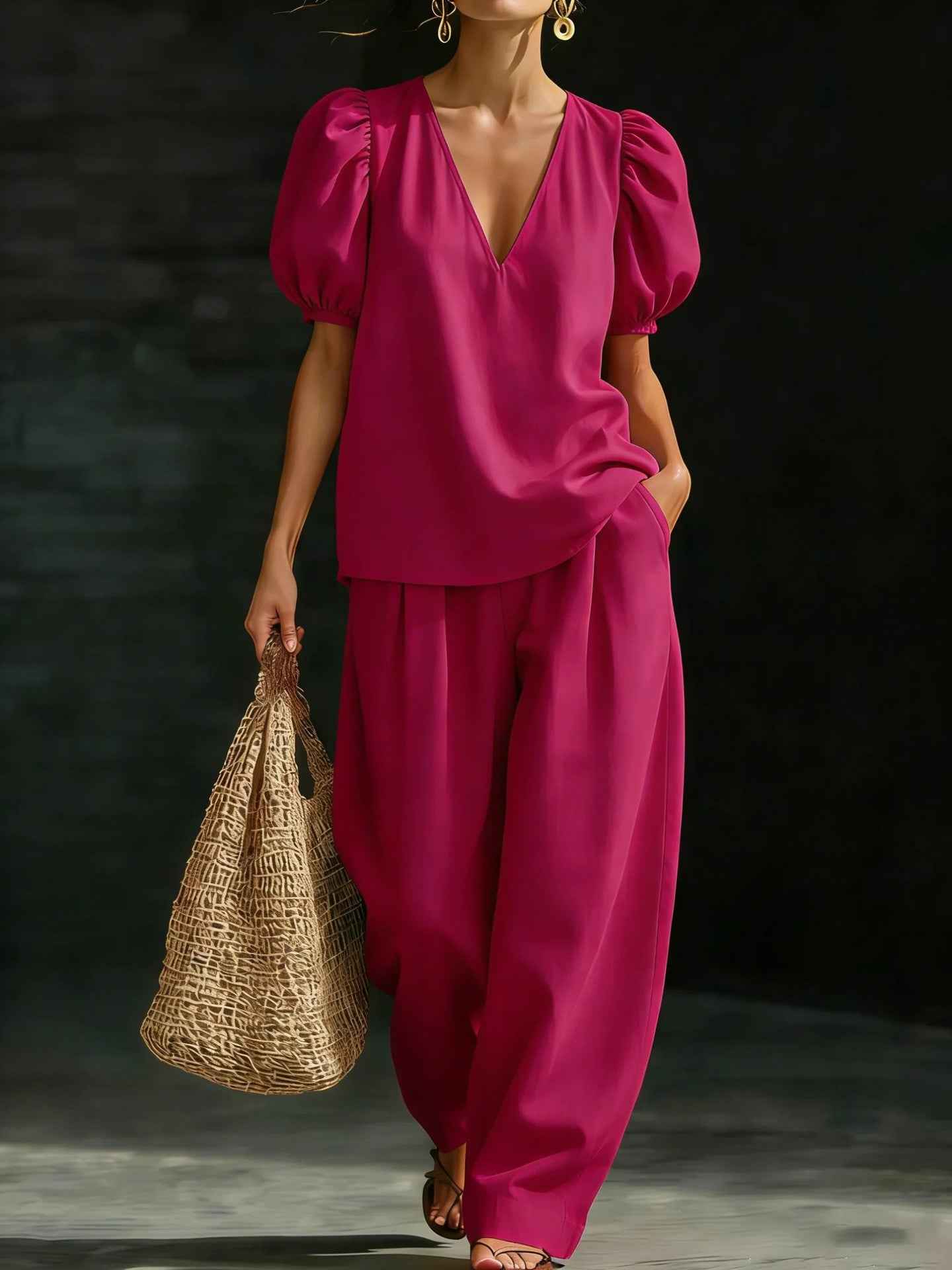 V-Neck Casual Womens Set - Stylish Short-Sleeve Fashionable Outfit