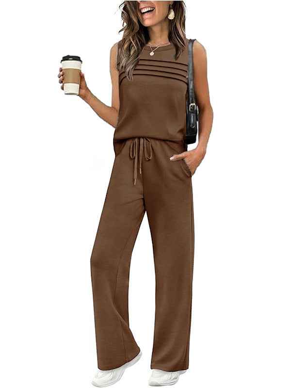 Womens Pleated Vest Top Set - Stylish Two-Piece Outfit for Effortless Chic