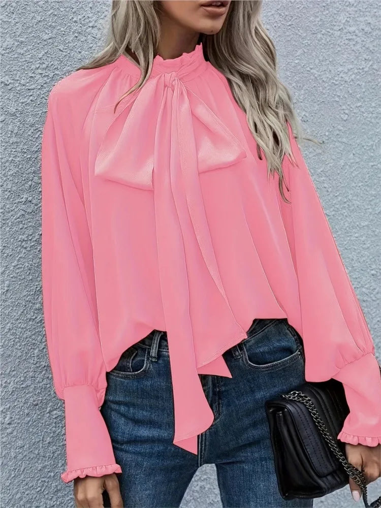 High Collar Bow Tie Long Sleeve Casual Loose Versatile Round Neck Top - Neon North Clothing