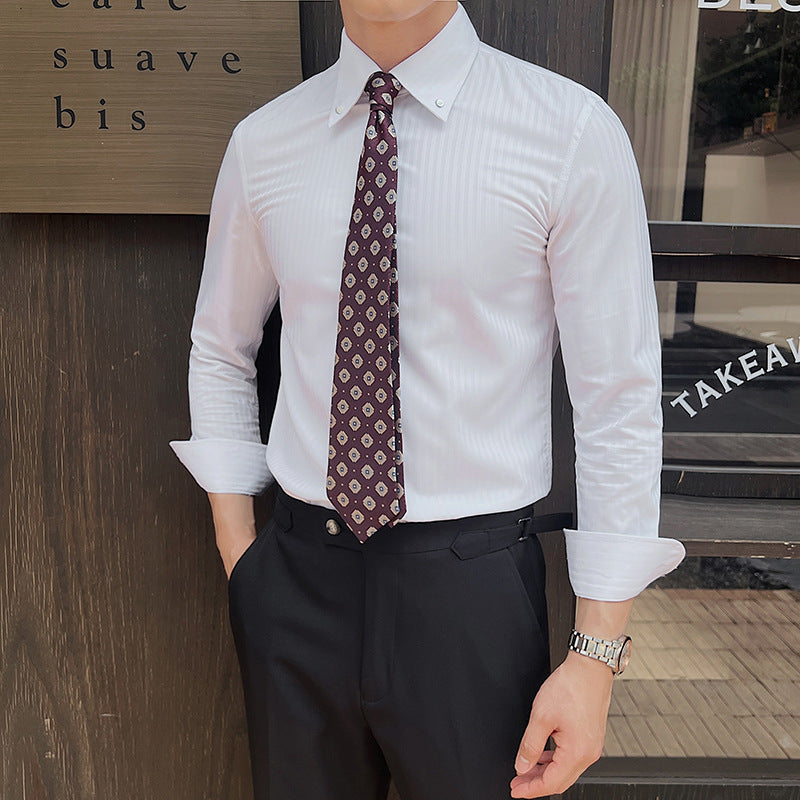 Bamboo Fabric Mens Striped Shirt - Slim Fit Business Long-Sleeve Point-Neck