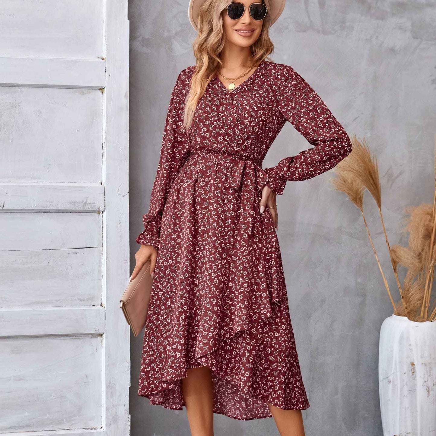 Ruffled V-Neck with Belt Women's Floral Long Sleeve Dress