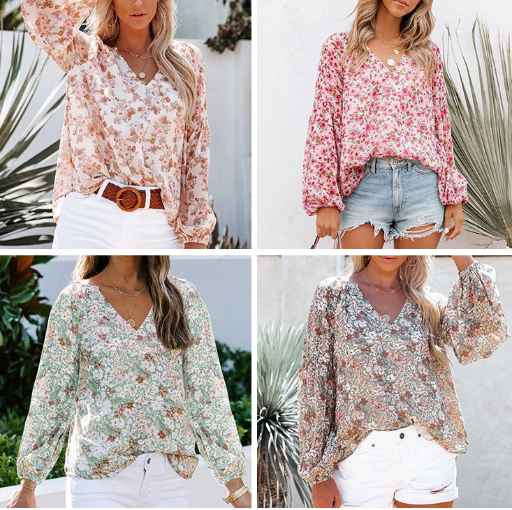Lantern Sleeve Floral Chiffon Shirt for Women