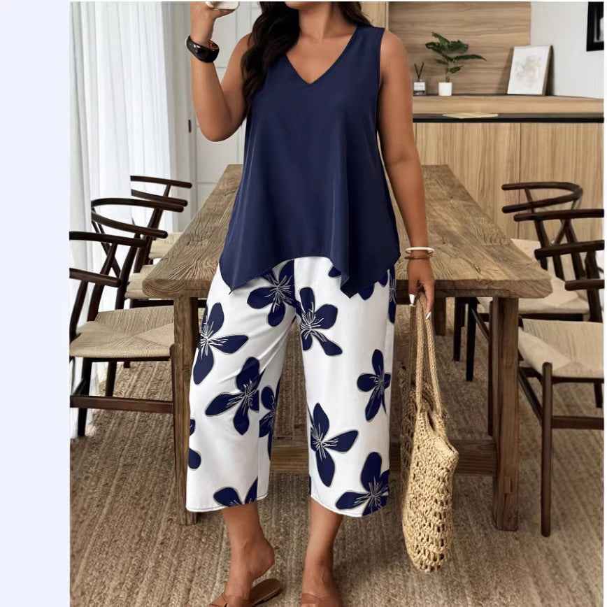 Women's Printed Cropped Pants Set for Casual Elegance