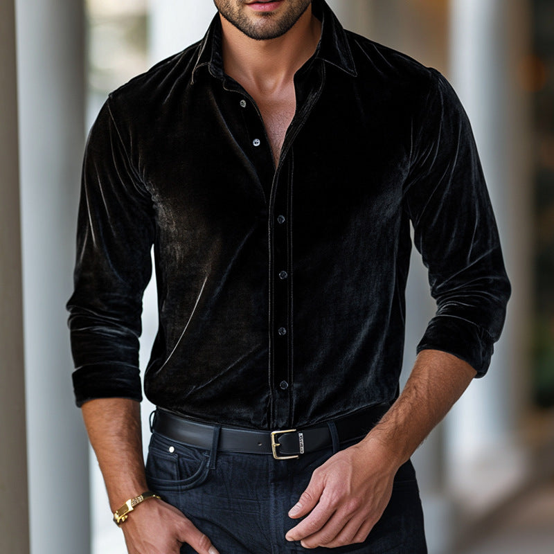 Velvet Long Sleeve Shirt - Loose Fit Solid Color Style