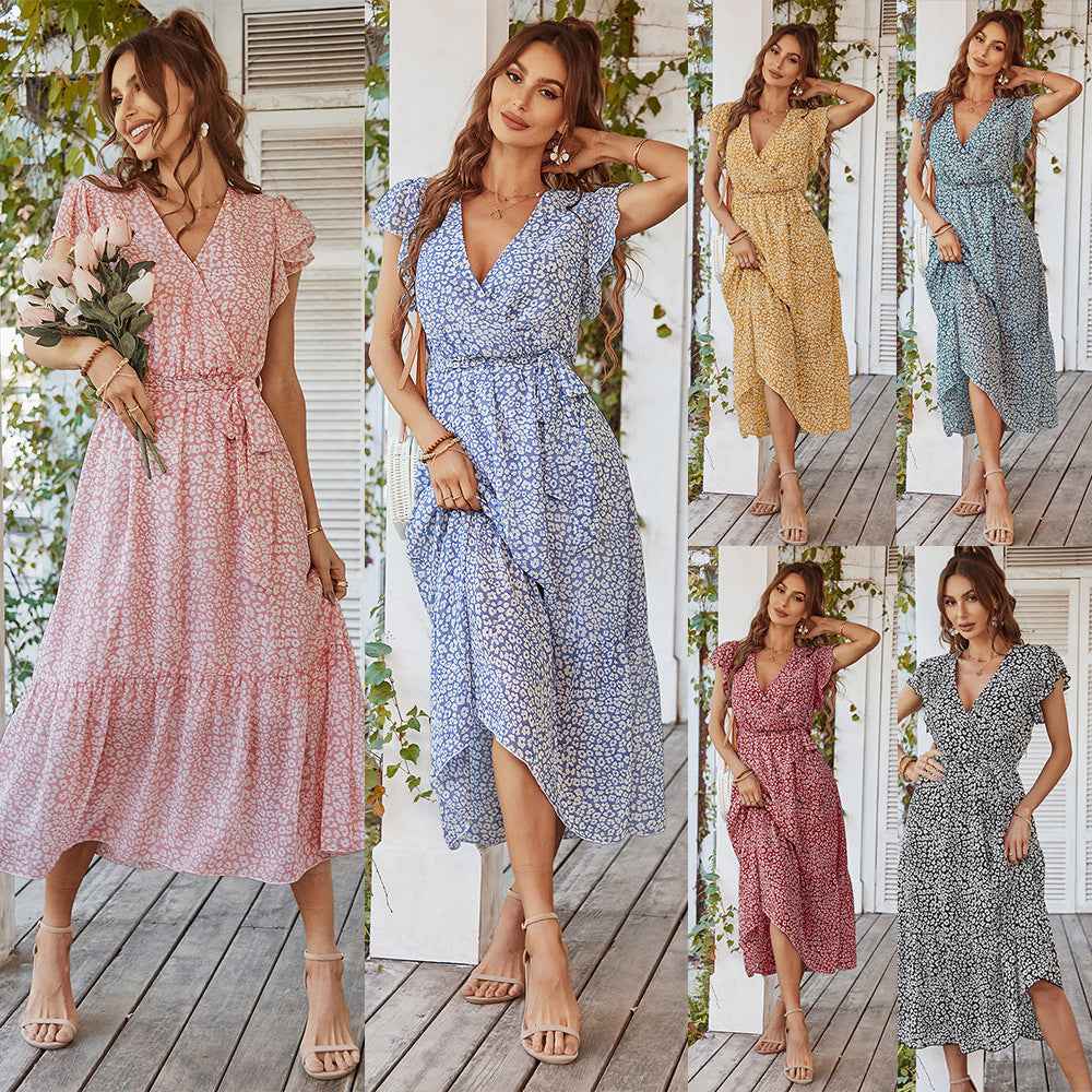 Ruffle Cap Sleeve Wrap Split Women's Boho Floral Long Dress