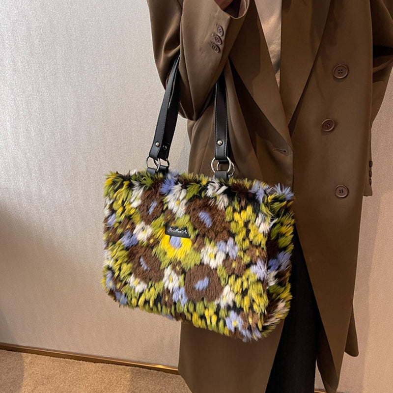 Women's Floral Handbag - Trendy Plush Shoulder Bag for Stylish Women