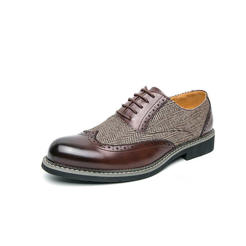 Brogue Men's Leather Shoes - Casual Formal Wear with Plaid Design