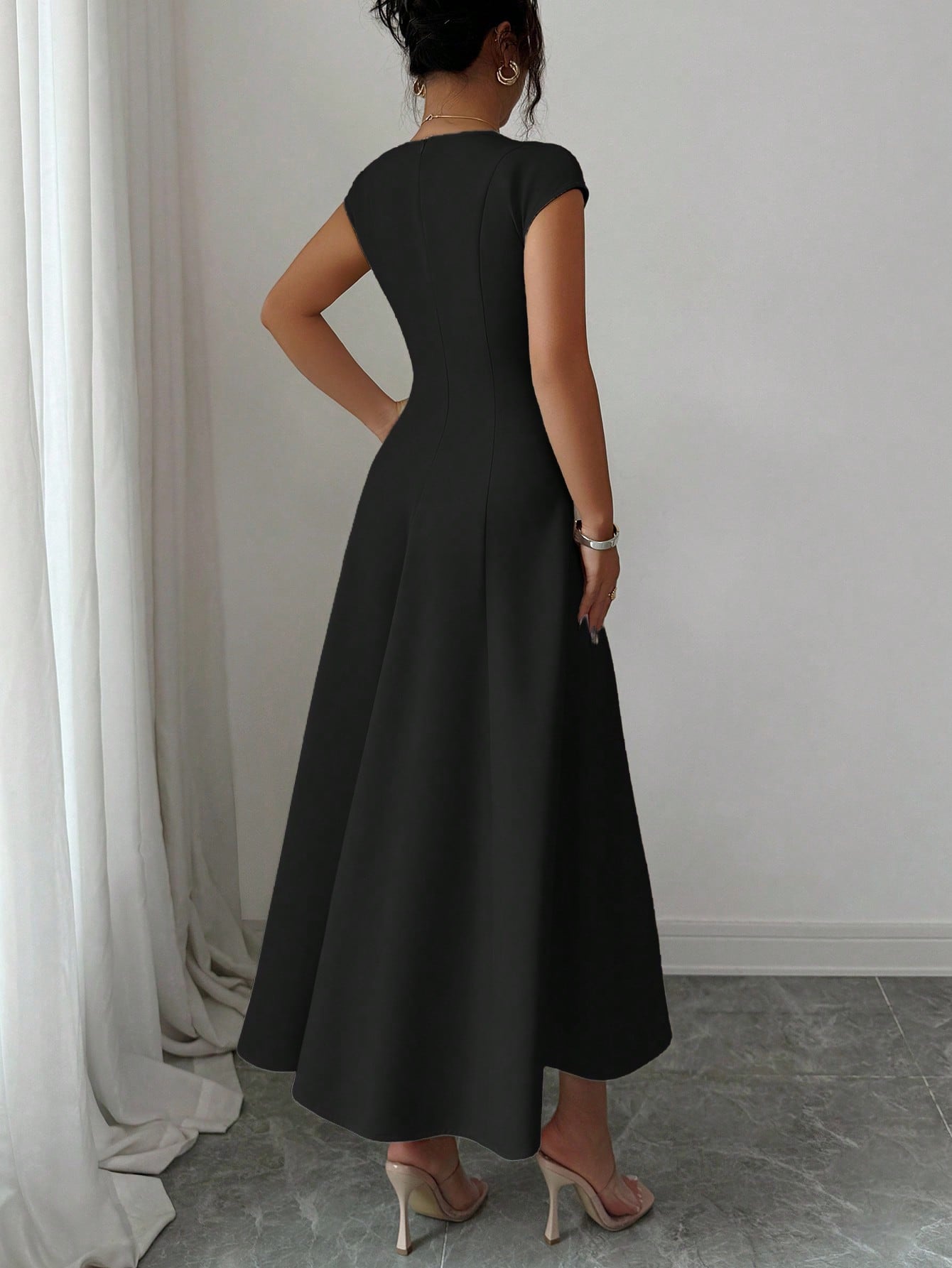 Square Neck Flared Midi Dress with Waist-Cinched Design and Short Sleeves - Neon North Clothing