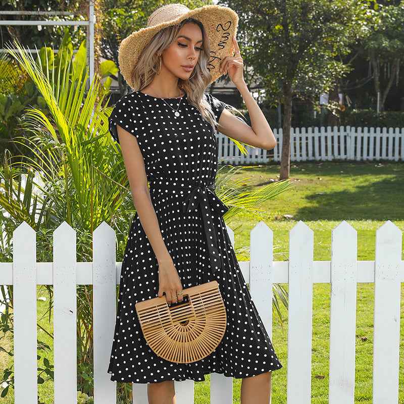 Elegant Polka Dot Midi Dress for Women - Short Sleeve and Stylish