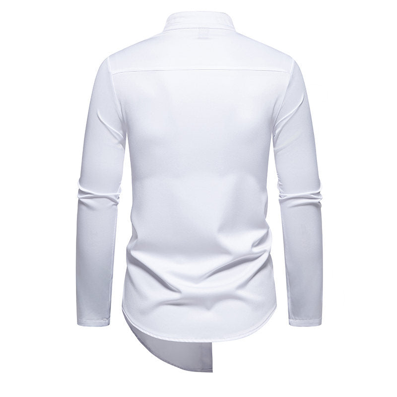 Irregular Hem Men's Long-Sleeve Shirt - Slim Fit with Stand Collar
