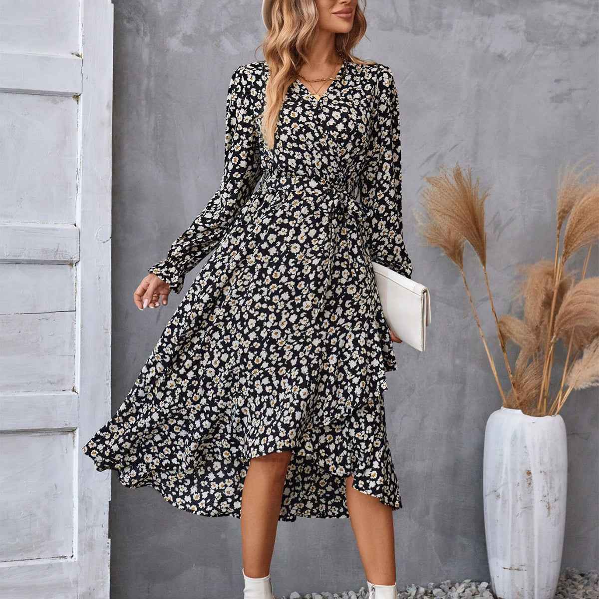Ruffled V-Neck with Belt Women's Floral Long Sleeve Dress