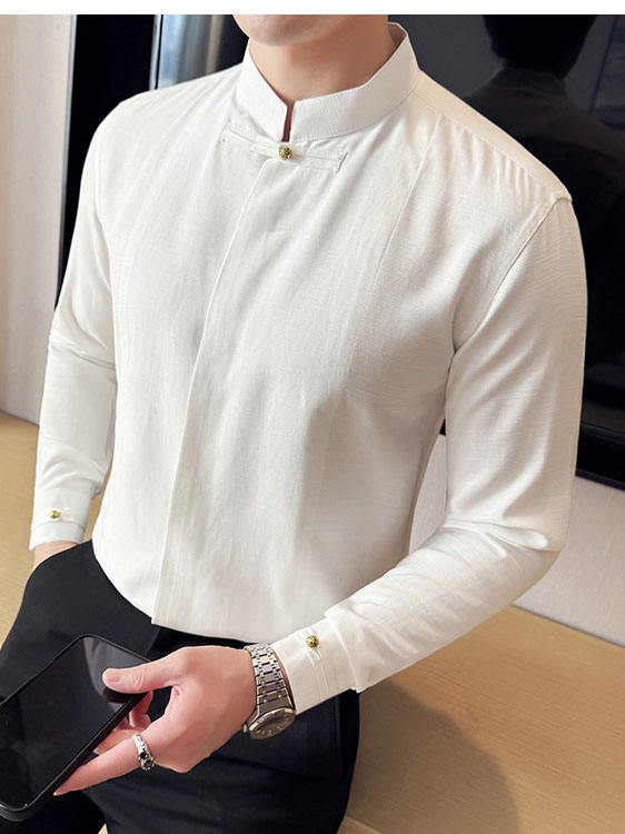 Men's Cotton Long-sleeved Shirt with Solid Color and Stand Collar