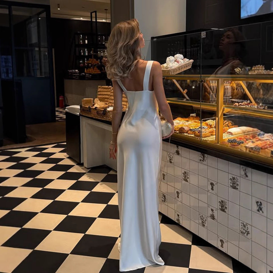 French Style Satin Pleat Party Dress - Elegant Slim Fit Sleeveless Socialite Dress