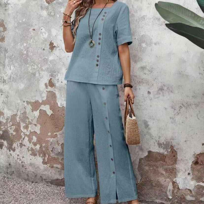Two-piece Women's Outfit: Short-sleeve Button-up Top & Loose-fit Style