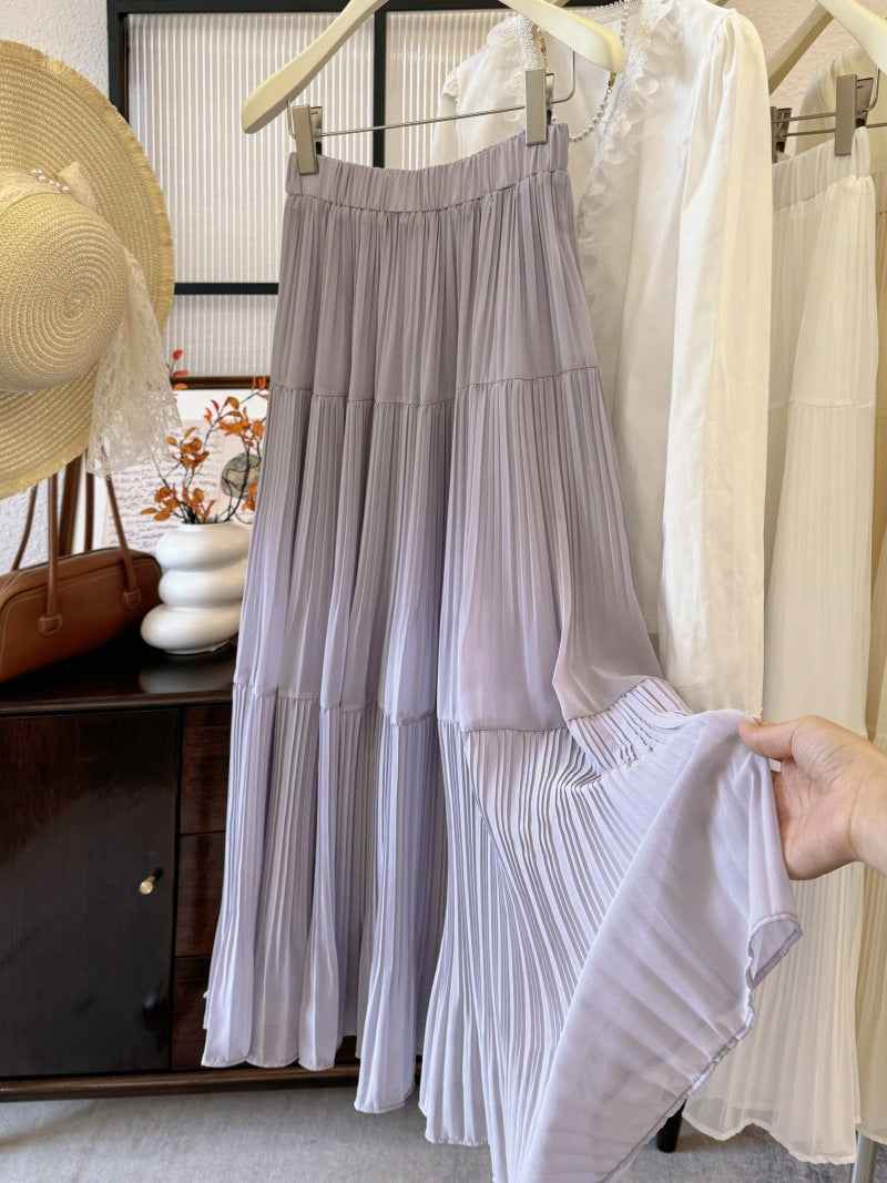 Womens Retro High-Waist Skirt - Elegant Solid-Colored Pleated French-Style Design