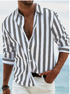 Mens Long-Sleeve Striped Button-Down Shirt - Stylish Slim Fit