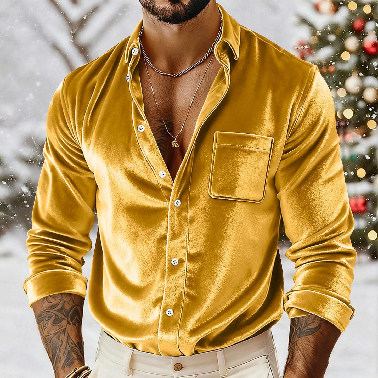 Mens Gold Velvet Shirt - Loose Fit Button-Up for Ultimate Comfort
