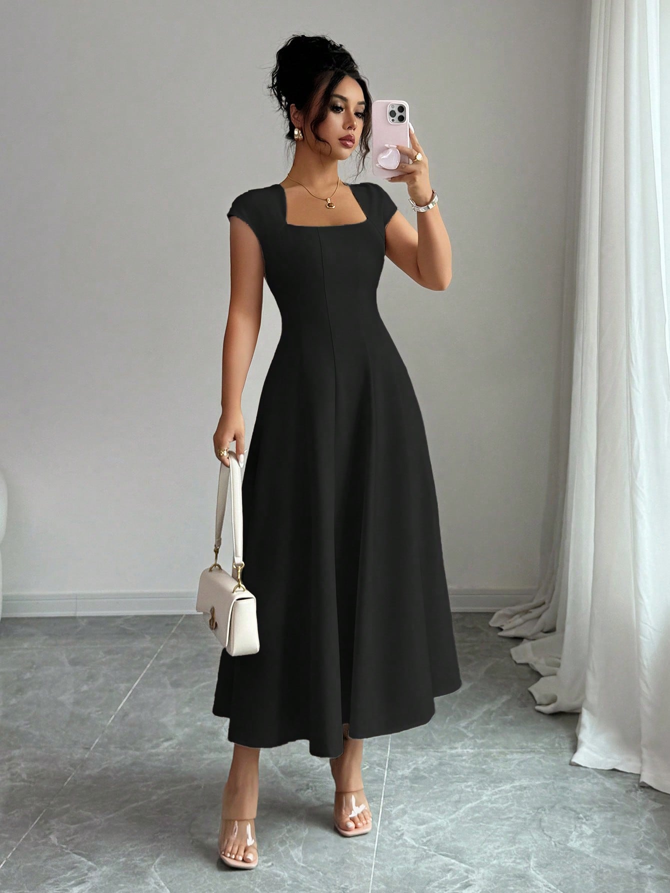 Square Neck Flared Midi Dress with Waist-Cinched Design and Short Sleeves - Neon North Clothing