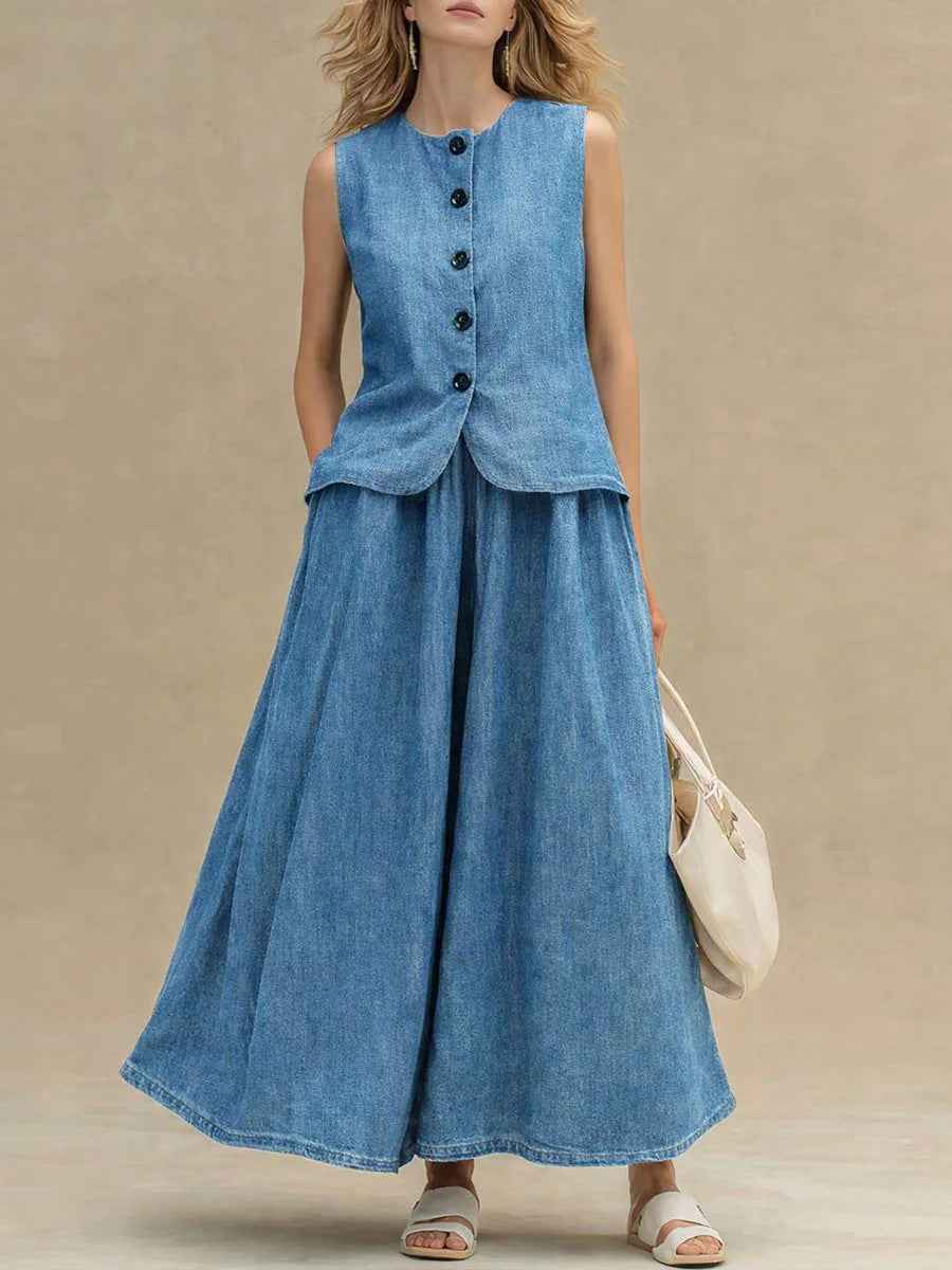 Womens Denim Top and Skirt Set: Crew-Neck Denim Top with High-Waist A-Line Skirt
