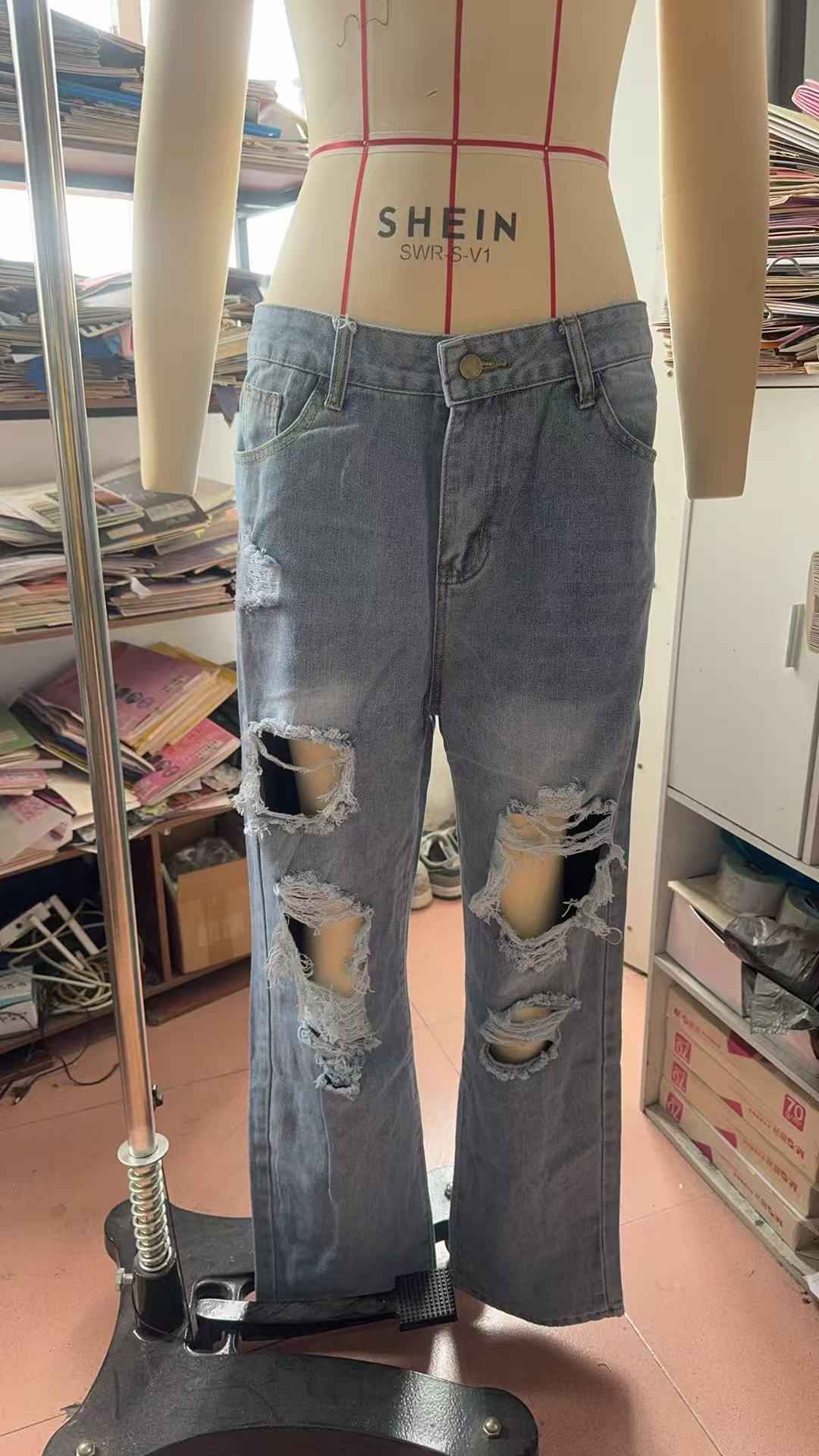Women's High-Waisted Ripped Jeans - Stone Washed Straight Leg Long Pants