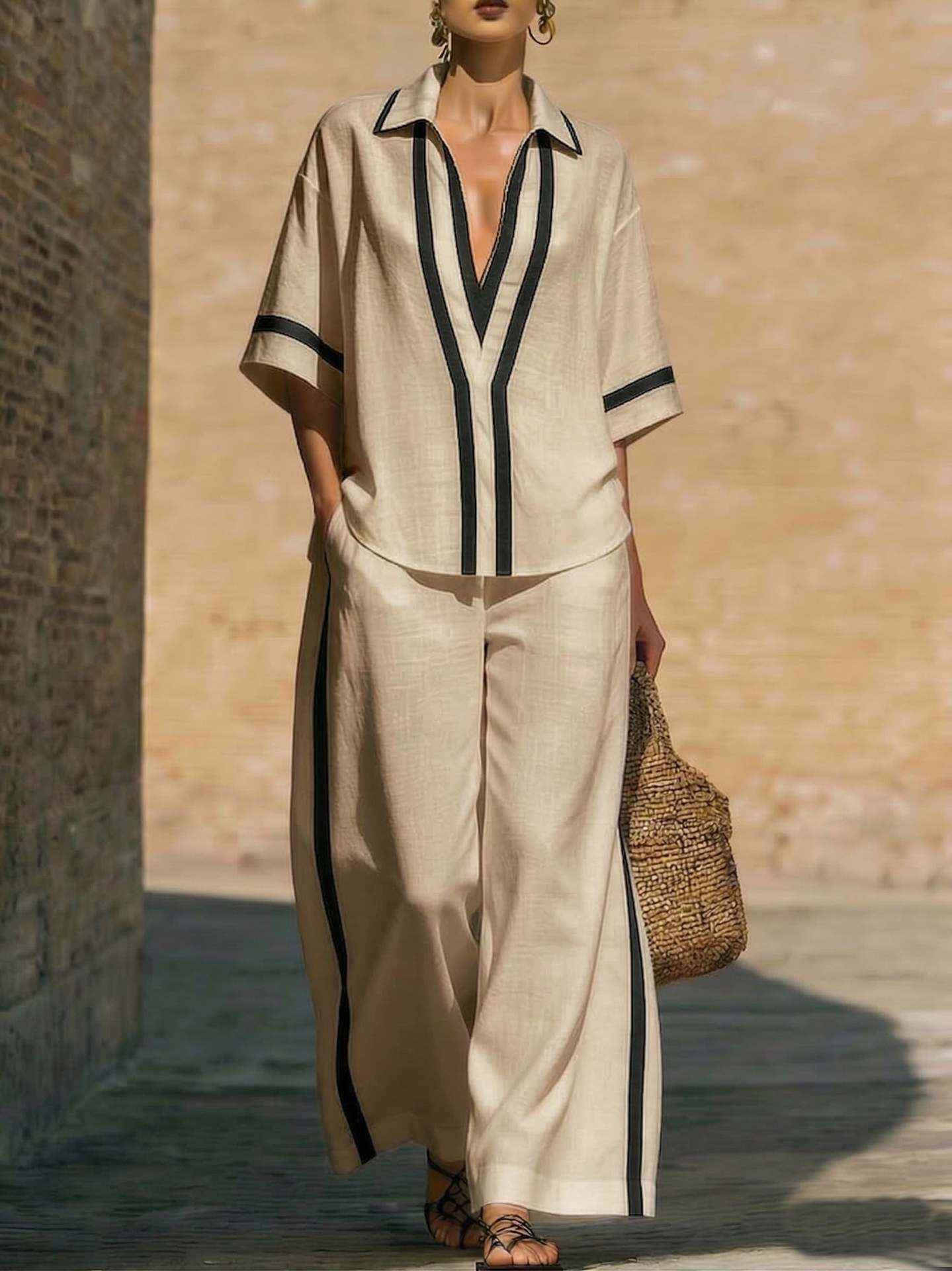 Fashionable Color-Block Two-Piece Set: Casual Short-Sleeve Shirt and Wide-Leg Pants