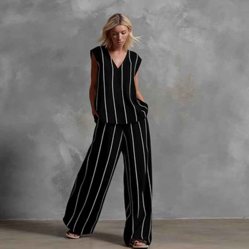 French Minimalist Black and White Set - Loose Cotton-Linen Women's Outfit