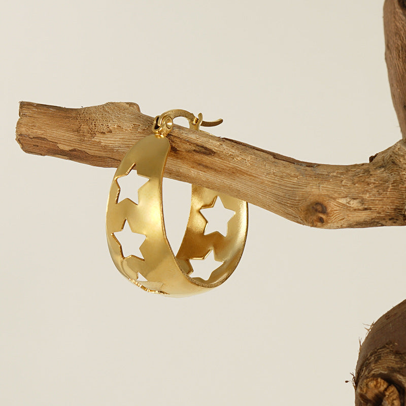 Stainless Steel Gold-Star Earrings with 18K Gold Retro Hollow-Out Design