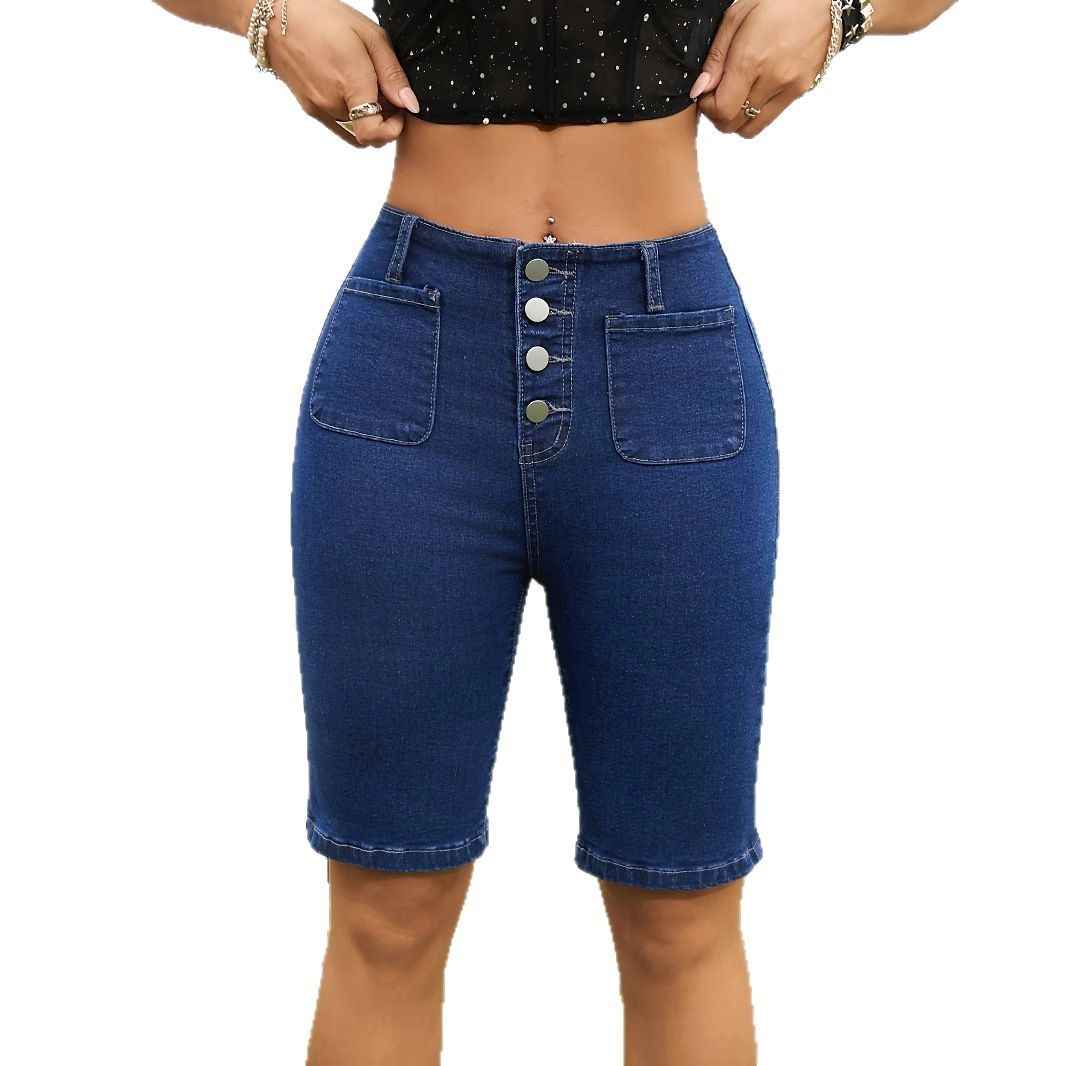 Casual Summer Denim Shorts with Button-Fly and Stretch Fit
