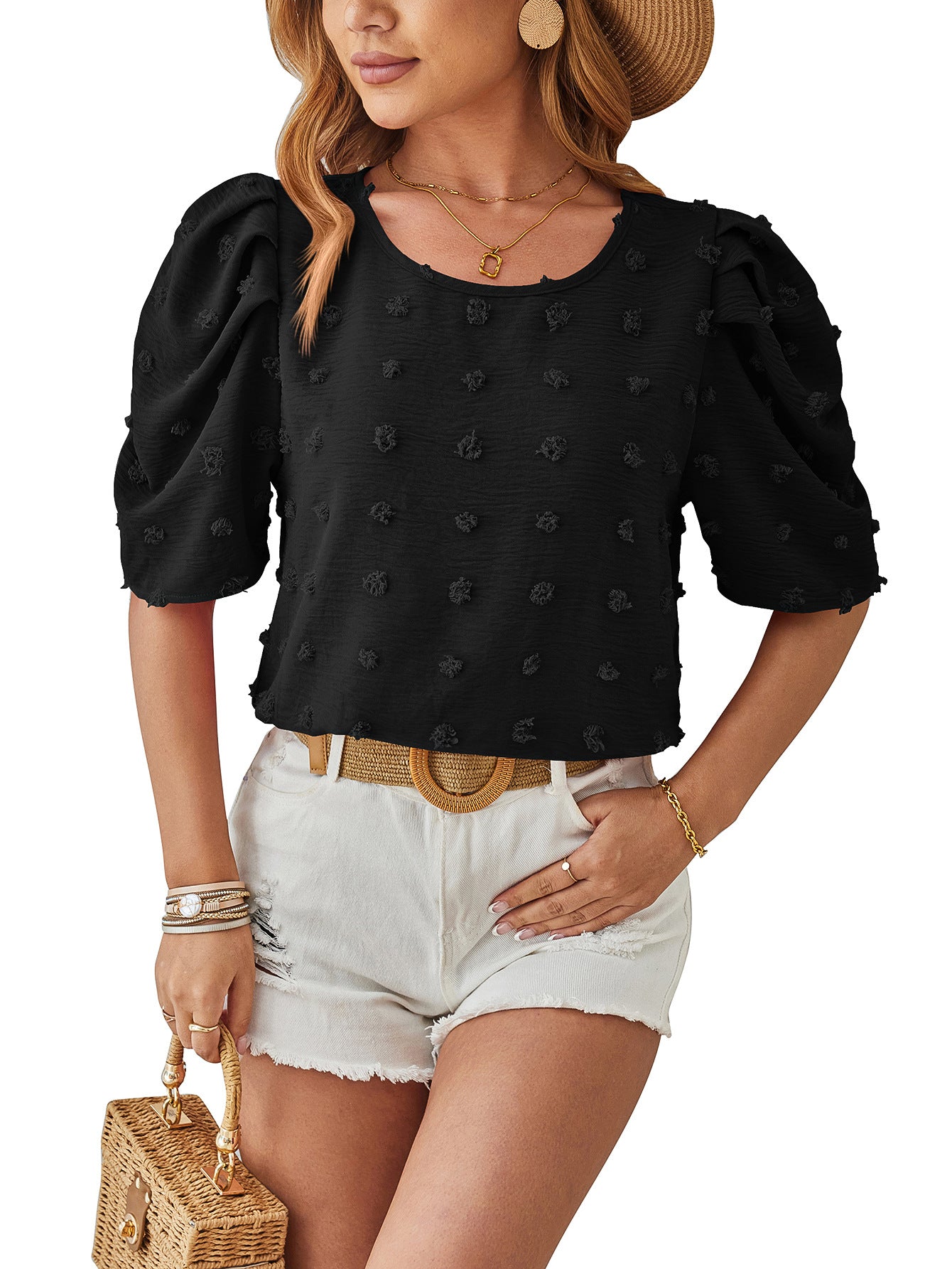 Jacquard Fur Ball Top - Trendy Short Sleeve Square Collar Style