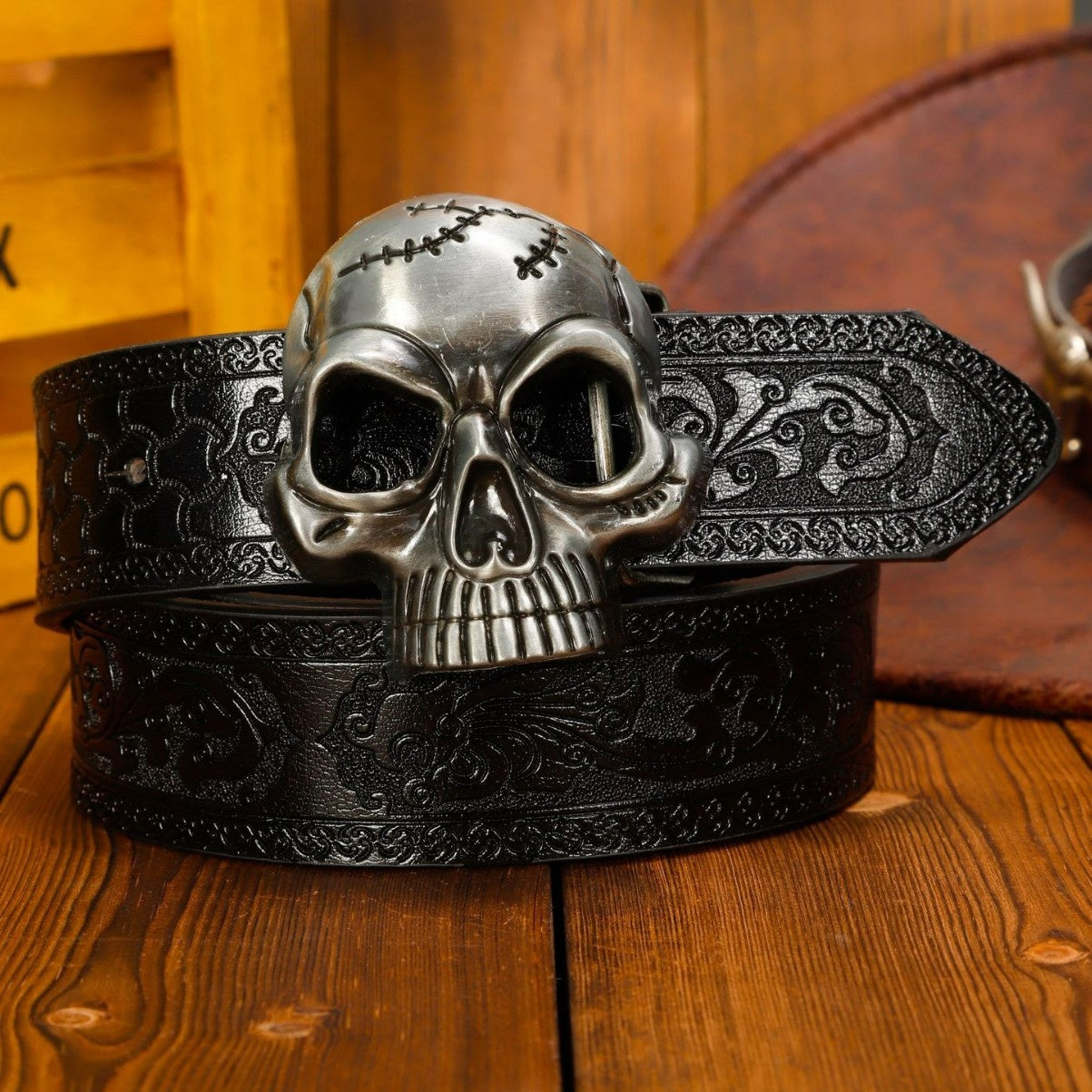 Simple Black PU Embossed Vintage Hollow Skull Belt - Stylish Black Skull Belt for Unique Fashion - Neon North Clothing