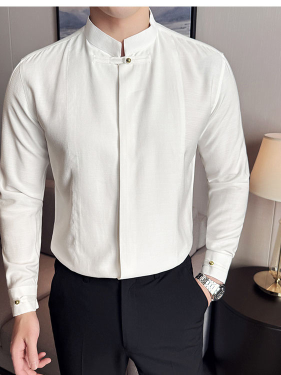 Men's Cotton Long-sleeved Shirt with Solid Color and Stand Collar