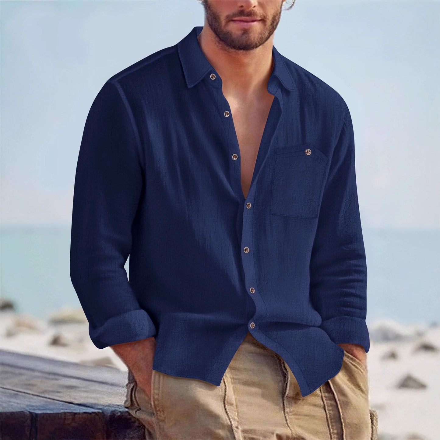 Mens Linen Cardigan Shirt - Solid Color Lapel Loose Fit for Effortless Style
