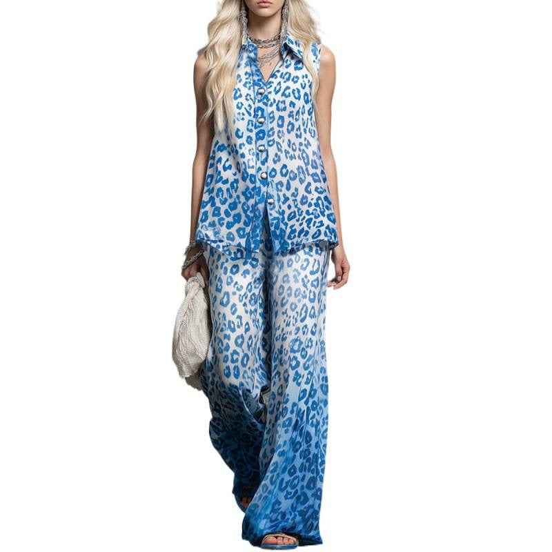 Loose-fit Leopard-print Two-piece Set: Sleeveless Shirt and Trousers
