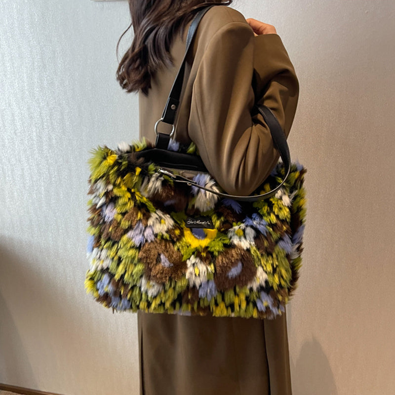 Women's Floral Handbag - Trendy Plush Shoulder Bag for Stylish Women
