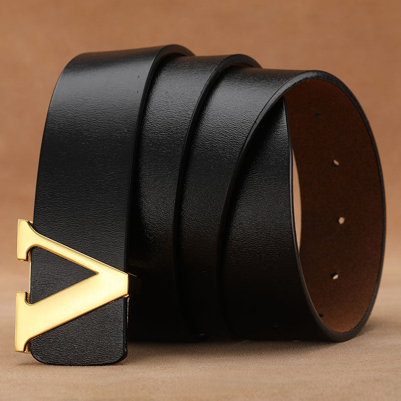 Smooth Genuine Leather Pants Belt - Pure Cowhide Letter V Design - Neon North Clothing