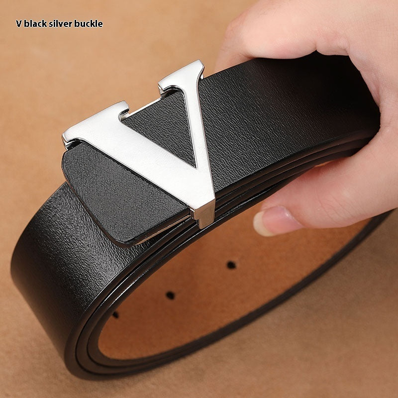 Smooth Genuine Leather Pants Belt - Pure Cowhide Letter V Design - Neon North Clothing