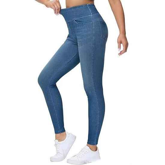 High-waisted Denim Pants with Two Pockets - Faux Denim Style