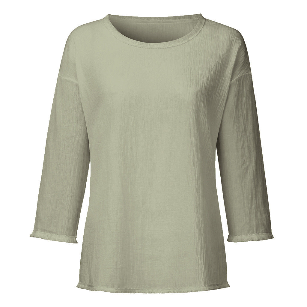 Round Neck Cotton Tassel Top with Three-Quarter Sleeves