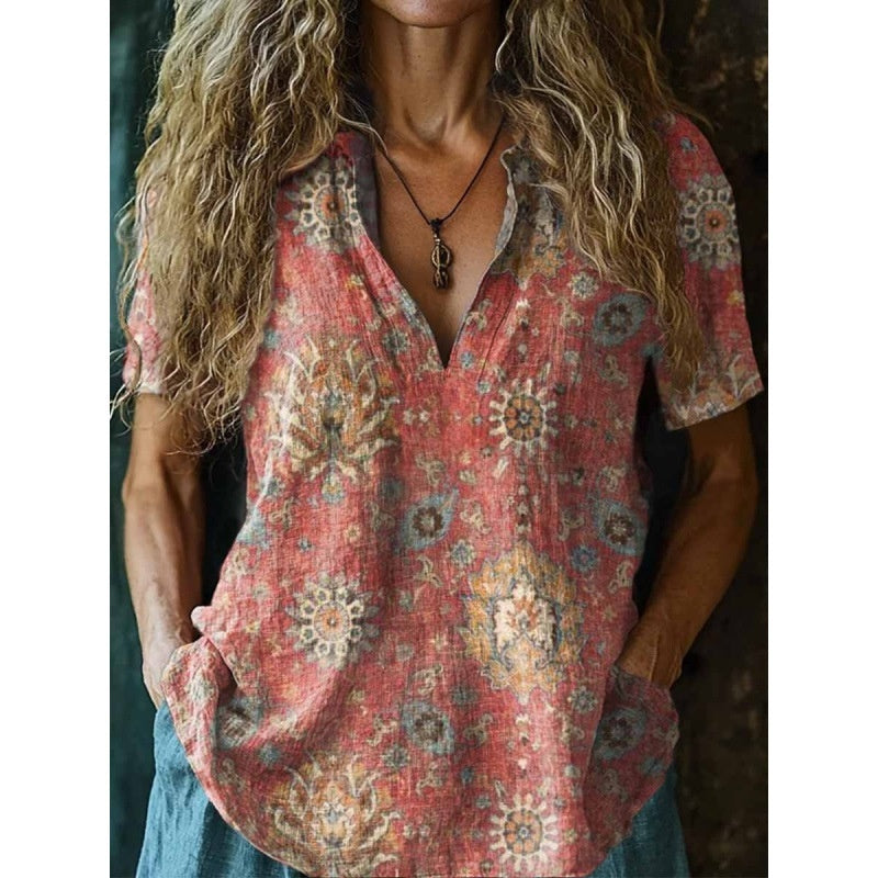 3D Printed Women's V-neck Top - Loose Short Sleeve Design