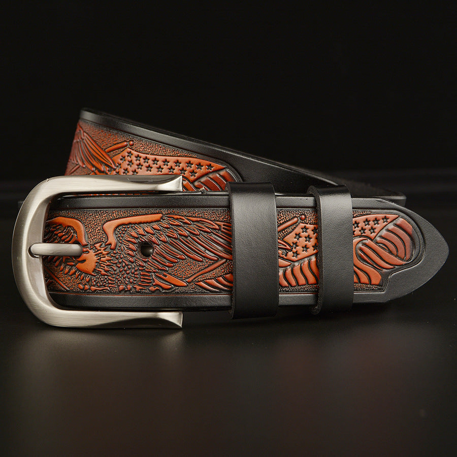 Men's Carved Cowhide Belt - Premium Cut Design for Style and Durability - Neon North Clothing