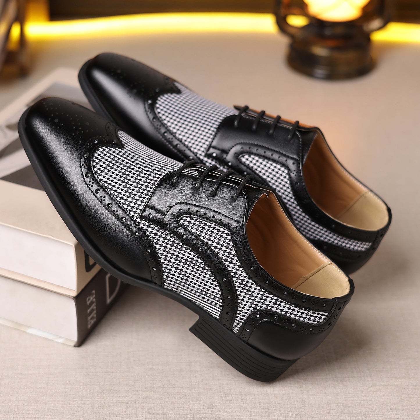 Chaussures homme en cuir décontracté à motif pied-de-poule et carreaux