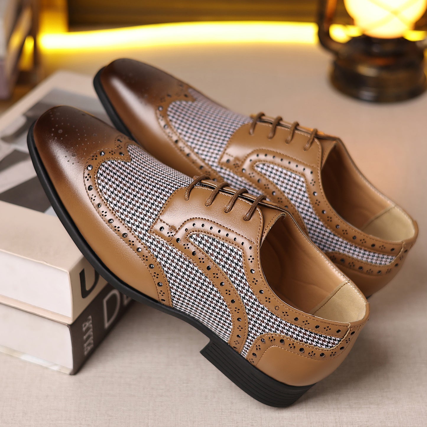 Chaussures homme en cuir décontracté à motif pied-de-poule et carreaux
