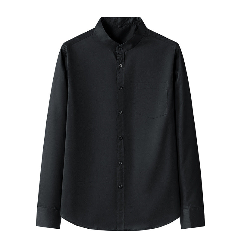 Men's Slim Fit Pocket Shirt - Stand Collar Long Sleeve Solid Color Design