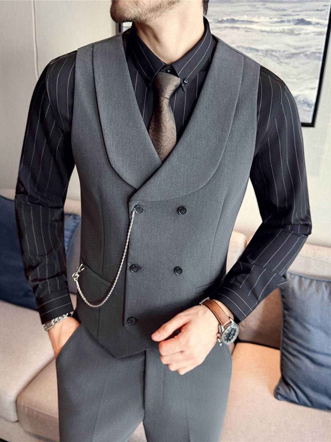 Men's Double-Breasted Shawl Collar Vest in Yarn-Dyed Fabric