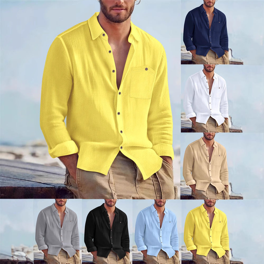 Mens Linen Cardigan Shirt - Solid Color Lapel Loose Fit for Effortless Style